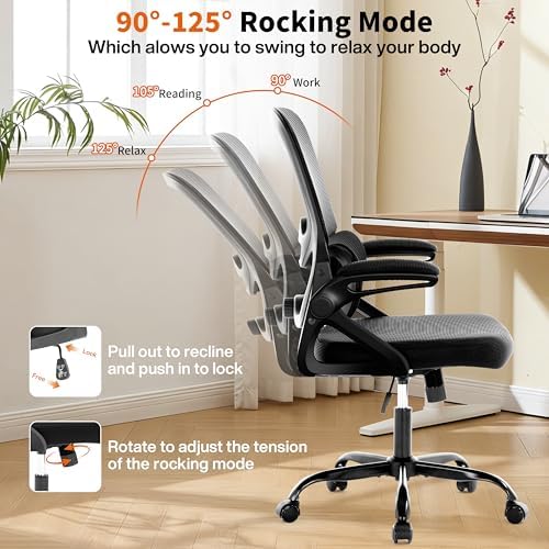 Ergonomic Office Chair,Mesh Office Chair with Lumbar Support,Mid Back Desk Chair with Flip-up Arms,400 lbs Comfy Computer Chair for Home Office (Jet Black)