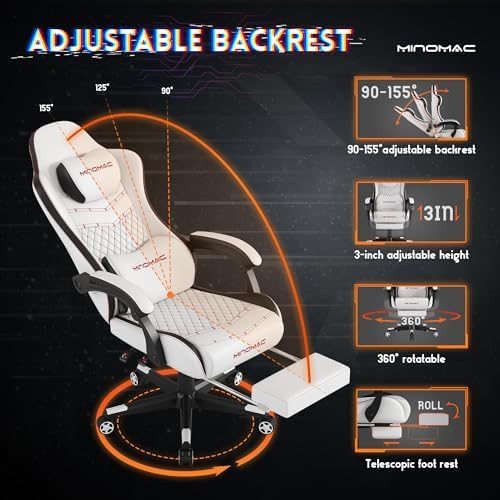 Gaming Chair,Big and Tall Gaming Chair 400lbs Office Chair with Footrest, 90-155° Recline & Removable Headrest Lumbar Support[Spring + 4D Sponge] (White)