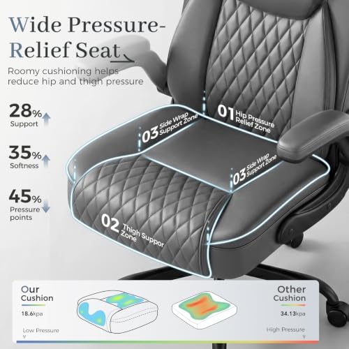 GTPOFFICE Executive Office Chair with Comfortable Lumbar Support, Ergonomic Gaming Chair with Flip-up Armrests & Zoned Pressure-Relief Cushion, Comfy PU Leather Desk Chair, Grey