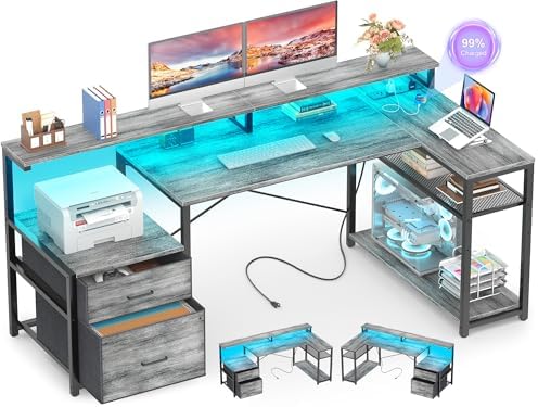 Aheaplus L Shaped Desk with File Drawer, Reversible L Shaped Gaming Desk