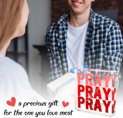 Red Dorm Room Decor for Women, Ideal Christian Gifts for Women - Pray On It,Pray Over It - Bible Verse Desk Art, Inspirational Decor, Desk Decorations for Office, 4 x 4 inches（Red）