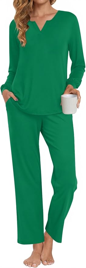 Anyally Women's Plus Size Pajama Sets Ladies Fall Pjs 2 Pieces Lounge Outfits V Neck Long Sleeves Sleepwear with Pockets