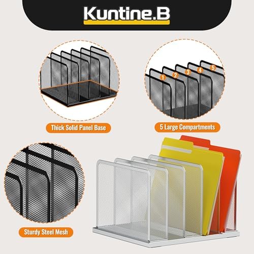 Kuntine.B Desk File Organizer Upright Mesh Desktop Organizer File Sorter Office Organization File Holder for Home, Office & Classroom (Silver, 1 Pack 5-Section)