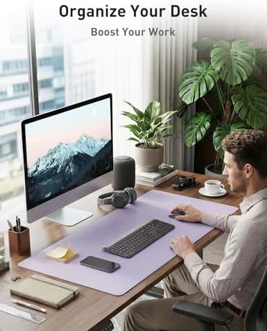 Aothia Faux Leather Desk Mat - Non-Slip PU Leather Desk Blotter, Waterproof Writing Surface, Large Desk Pad for Office & Home (Lavender, 55" x 24")