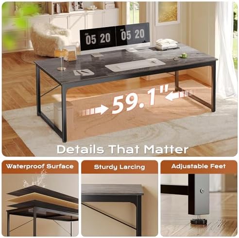 PRAISUN 63 X 29.5 Inch Computer Desk with Deeper Desktop, Gaming Office Writing Work Desk for Home Office, Study, Bedroom, Work from Home, Metal Frame, Grey