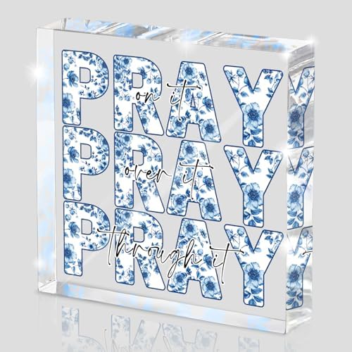 Blue and White Inspirational Decor, Blue Floral Chinoiserie Desk Decorations for Office, Ideal Christian Gifts for Women - Pray On It,Pray Over It - Bible Verse Desk Art, Dorm Room Decor for Women