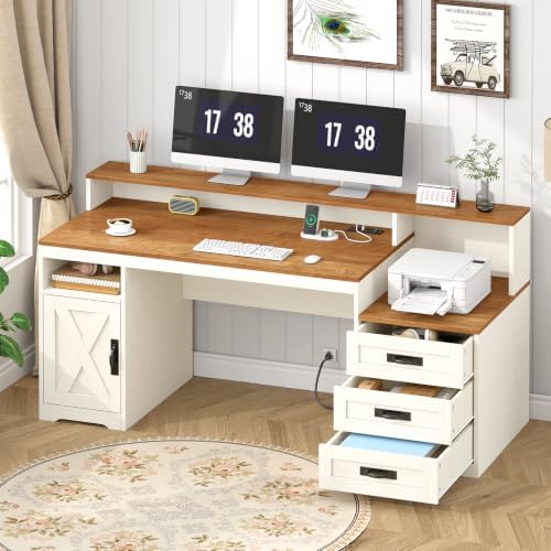 65" Farmhouse Computer Desk with Drawers and Printer Stand for Home Office