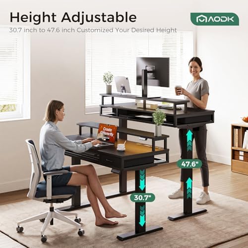 AODK 63 Inch Electric Standing Desk with Drawers & Keyboard Tray, Black