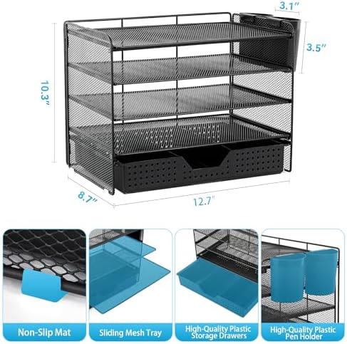 LEKETREE Desk Organizer and Accessories, 5-Tier Paper Letter Tray Organizer with Drawer & 2 Pen Holders for Desktop File Organization, Office Desk Accessories for Supplies Storage (Black)