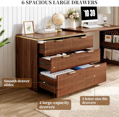 Ieejdn Computer Desk with 6 Drawers, 78" Modern Writing Desk with 0.98" Thickened Desktop & Storage Shelves, Adjustable direction & Extendable Executive Office Desk Study Table for Home Office, Walnut