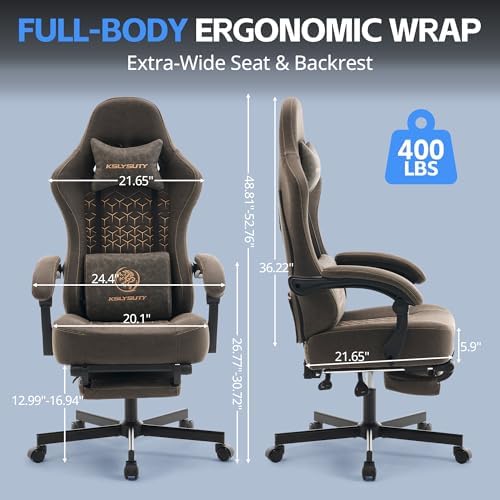 Desk Computer Gaming Chair - Ergonomic Game Office Chair with Extended Footrest and Massage Lumbar Support, Home Gamer Video Game Chairs with Spring Cushion for Adults (Pro Grey Leather)