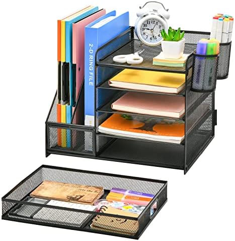 Marbrasse Desk Organizer with File Holder, 5-Tier Paper Letter Tray Organizer with Drawer and 2 Pen Holder, Mesh Desktop Organizer and Storage with Magazine Holder for Office Supplies(Black)