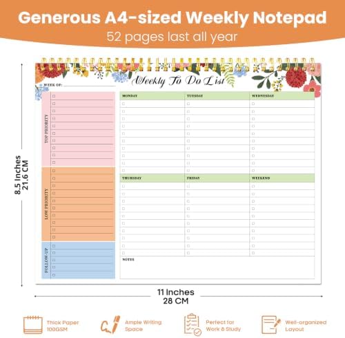 Weekly To Do List Notepad with 52 Undated Sheets（8.5"×11"）- Undated Weekly Planner Notepad for Office Desk Accessories and Supplies - Floral Daylight