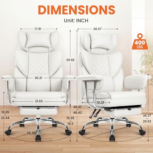 NEO CHAIR Big & Tall Leather Office Chair, High Back, Lumbar Support, White