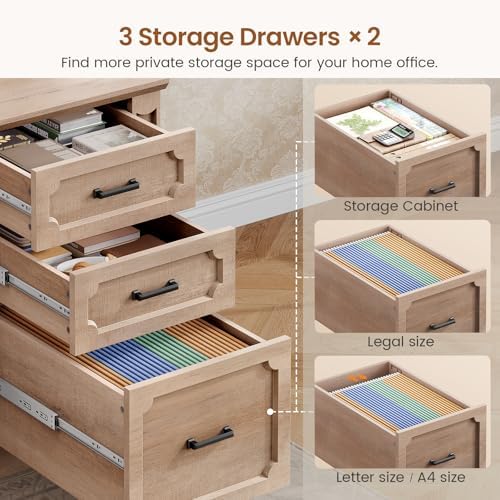 SEDETA Farmhouse 110.3" Two Person Desk with 7 Drawers, Long Computer Desk with Storage Cabinet, 2 Person Desk with Power Outlets for Home Office, Oak