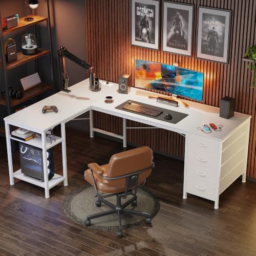 Huuger 55 Inch L Shaped Desk with Fabric Drawers, Reversible Computer Gaming Desk with Power Outlets and USB-C Port, Adjustable Side Storage Shelves, for Work Corner Home Office, White