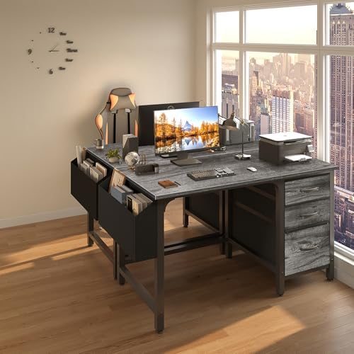 Lufeiya Computer Desk with File Drawers Cabinet, 47 Inch Home Office Desks with Filing Cabinet for Small Space, Gaming Study Writing Table PC Desks, Gray