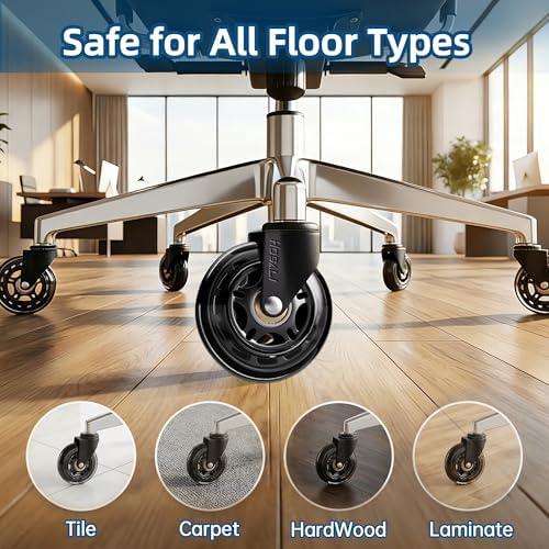 HOSALI 3 Inch Office Chair Wheels - Rubber Chair Casters Replacement, Heavy-Duty Computer Gaming Desk Caster Wheel Smooth & Safe Rolling for All Floors Including Hardwood and Carpet, Set of 5