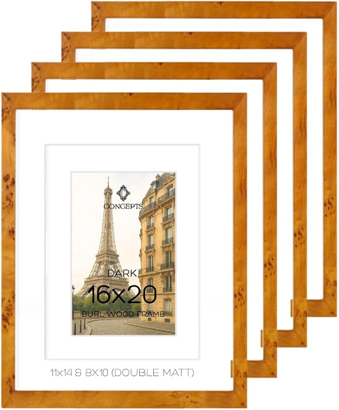 Concepts Set of 4 16X20 Burl Wood Picture Frames with Double Matted (11X14 & 8x10), Dark Wood Finish, Eco-Friendly Packaging – Elegant Wallhung Decor for Family Photos