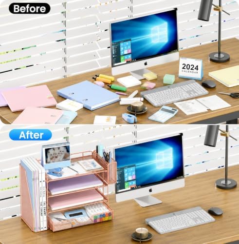 OPNICE Desk Organizers and Accessories, 4-Tier Desktop File Organizer with Drawer and Pen Holders, Office Desk Accessories Workspace Organizers for Office Supplies (Rose Gold)