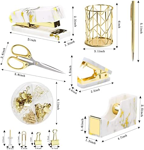 Gold Marble Desk Accessories, Office Supplies Set Stapler Set Staple Remover, Tape Holder, Pen Holder, 2 Ballpoint Pen, Scissor, Binder Clips, Paper Clips and 1000pcs Staples.