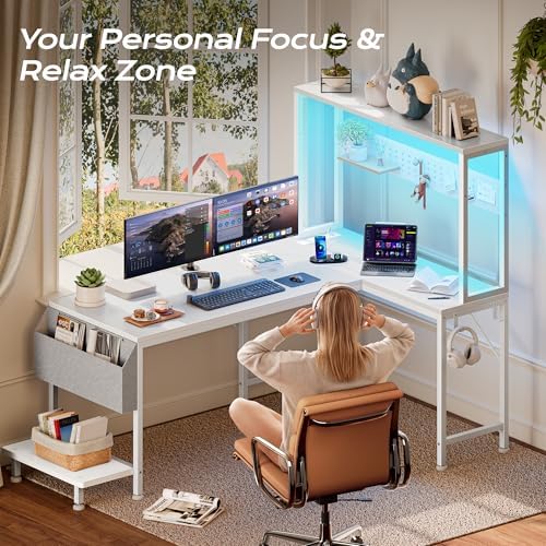 PRAISUN L Shaped Gaming Desk with LED Lights & Power Outlets