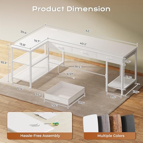 PRAISUN 63 Inch L Shaped Office Desk with Power Outlets and Type-C Port, Large Computer Gaming Desk with 3 Fabric Drawers, Mesh Shelves, Corner Study Work Writing Desk, White