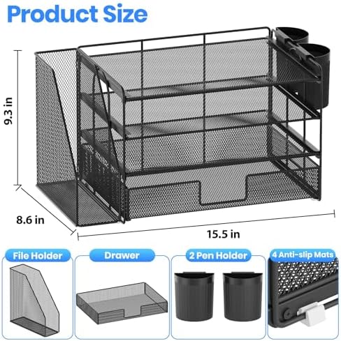 OPNICE Desk Organizer, 4-Tier Desktop File Organizer with Drawer and Pen Holders, Office Desk Accessories, File Sorters, Workspace Organizers for Office Supplies(Black 2-Pack)