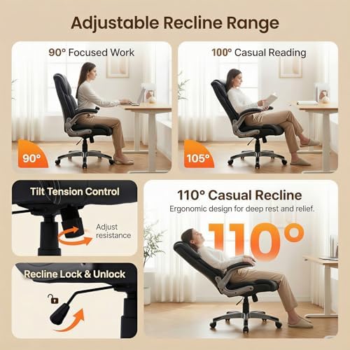 COLAMY Ergonomic Executive Office Chair, High Back Desk Chair with Adjustable Lumbar Support, Flip-Up Armrests & Thick Seat Cushion, 90°–110° Reclining Computer Chair for Home Office