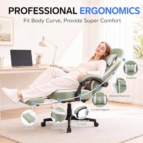 Desk Computer Gaming Chair - High Back Ergonomic Office Chair with Footrest and Lumbar Support, Swivel Comfy Home Gamer Video Game Chairs with Pocket Spring Cushion for Adults (Green Fabric)