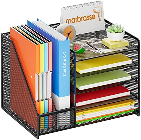 Marbrasse Desk Organizer with File Holder, 5-Tier Paper Letter Tray Organizer, Mesh Desk Organizers and Accessories with Magazine Holder, Desktop Storage for Office Supplies (Black)