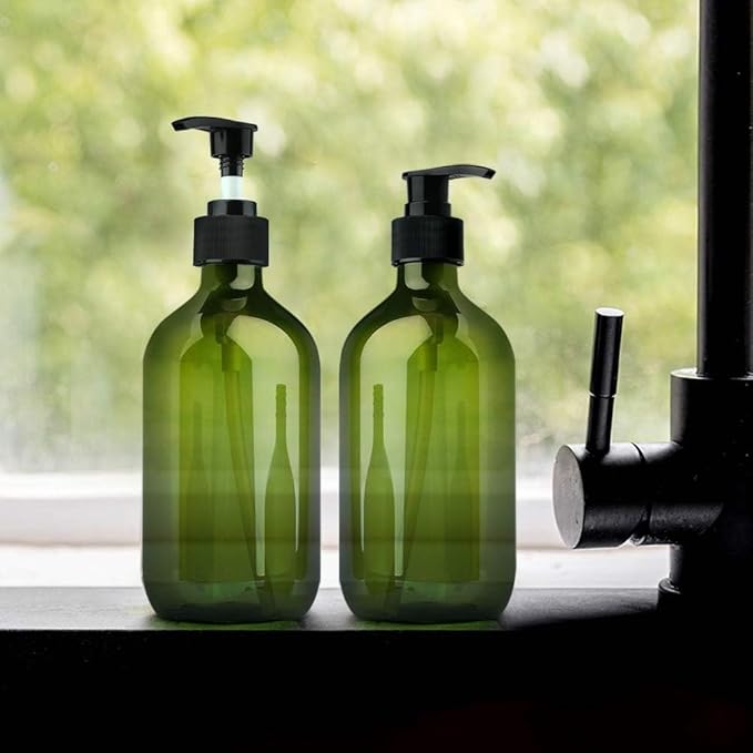 Yebeauty Empty Pump Bottle Dispenser, 17oz/500ml Lotion Soap Shampoo Pump Bottles Large Bottle with Pump Plastic Refillable Containers Pack of 2,Brown Green