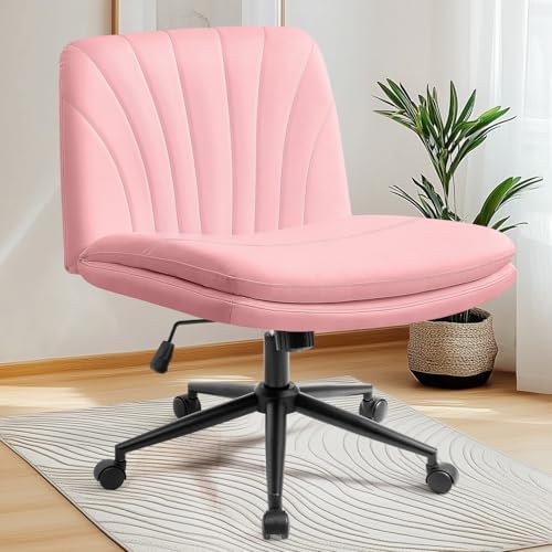 NEO CHAIR Criss Cross Chair with Wheels Armless Vanity Desk Office Wide Comfy Chair Cross Legged Adjustable Swivel Rolling Computer for Home Office PU Leather (Pink-Leather)