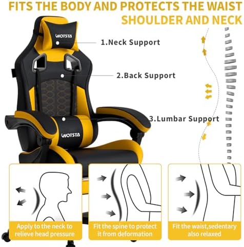 Gaming Chair with Massage,Ergonomic PC Gaming Chair with Footrest Comfortable Headrest and Lumbar Support,High Back Game Chair PVC Leather,300LBS (BlackYellow)