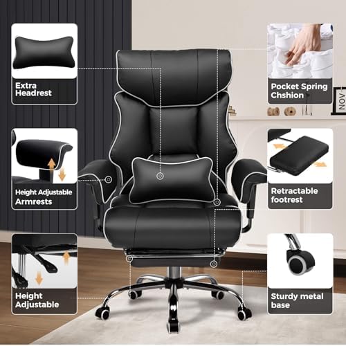 GTPLAYER Big and Tall Gaming Chair 400lbs Heavy Duty Office Chair with Foot Rest & Ergonomic Pocket Spring Cushion, High Back Lumbar Support for Lower Back Pain Relief, White/Black