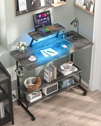 Height Adjustable Standing Desk with Power Outlets and LED Lights - 39" Manual Stand Up Desk with Monitor Stand and Storage Shelves Small Mobile Rolling Computer Desk Portable Laptop Table, Grey Oak