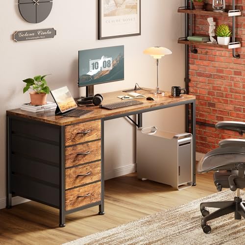 PRAISUN 47.2 Inch Computer Office Desk with Power Outelts and USB-C Port, Reversible Gaming Desk with 4 Fabric Drawers, Work Study Desk Work from Home, Rustic Brown