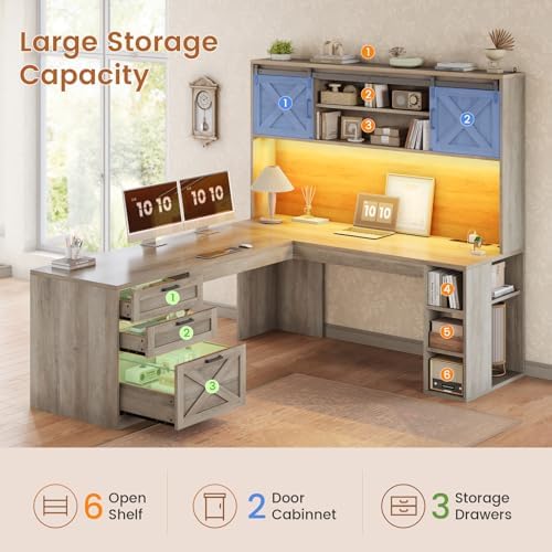 SEDETA 67" Farmhouse L Shaped Desk with Hutch, Grey
