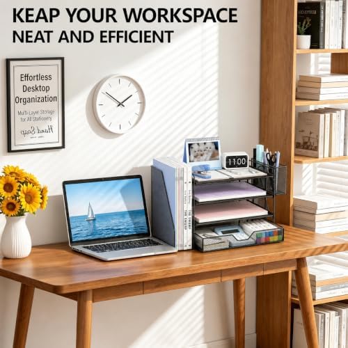 OPNICE Desk Organizers and Accessories, 4-Tier Desktop File Organizer with Drawer and Pen Holders, Office Desk Accessories Workspace Organizers for Office Supplies (Soft Black)
