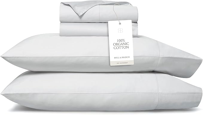 BOLL & BRANCH Percale Hemmed Sheet Set - Cooling Breathable Bed Sheets for Hot Sleepers - Twin XL, Sky - Luxury 100% Organic Cotton - 1 Flat, 1 Fitted, 2 Pillowcases