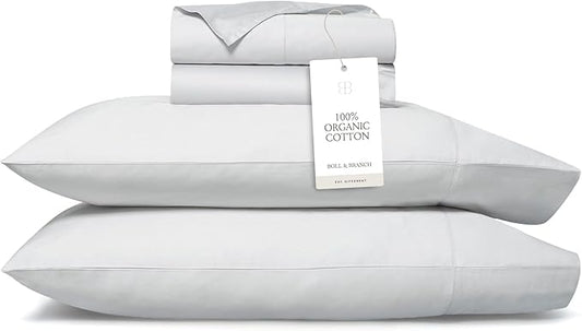 BOLL & BRANCH Percale Hemmed Sheet Set - Cooling Breathable Bed Sheets for Hot Sleepers - California King, Sky - Luxury 100% Organic Cotton - 1 Flat, 1 Fitted, 2 Pillowcases