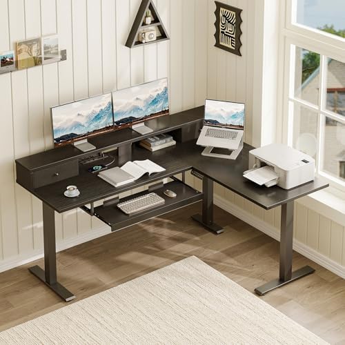 Casaottima 59" L Shaped Electric Standing Desk with Drawers, Black