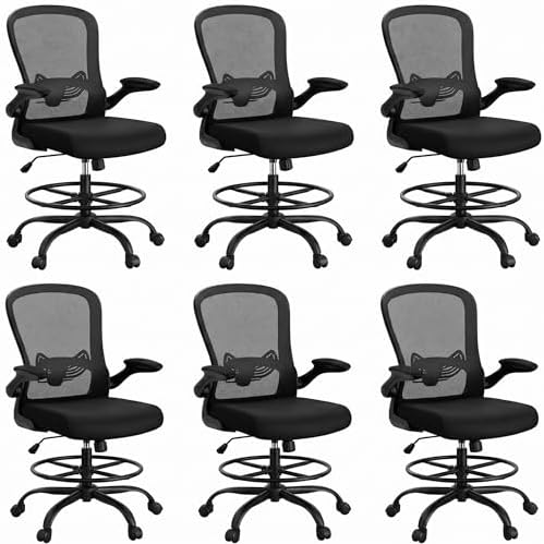 ErGear Drafting Chair, Standing Desk Chair with Flip-Up Armrests, High Desk Chair Adjustable Height, Ergonomic Tall Office Chair with Lumbar Support and Adjustable Footrest Ring,6 Pack