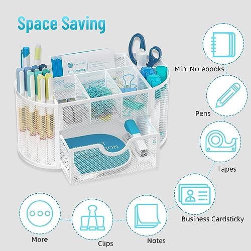 Mesh Desk Organizer with Drawer, 9-Compartment Pen Holder for Desk, White