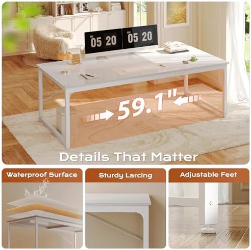 PRAISUN 63 x 29.5 Inch Computer Desk with Deeper Desktop, Gaming Office Writing Work Desk for Home Office, Study, Bedroom, Work from Home, Metal Frame, White