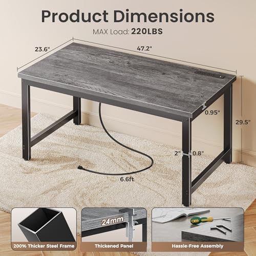 Huuger 48 x 24 inch Desk with Power Outlets & 0.95 Inch Thicker Desktop