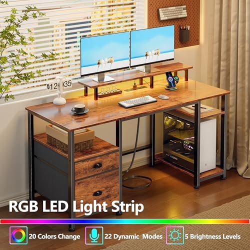 Furologee 51" Computer Desk with Outlets & LED, Desk with Drawers, Brown