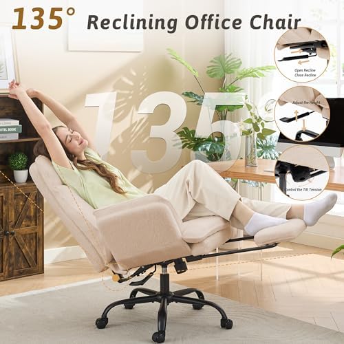 Wider Seat Office Chair with Flip Armrests for Criss Cross Legged&Cats, Big and Tall Executive Ergonomic Reclining Chair with Footrest&Lumbar Pillow, Teddy Fleece Desk Chair,Beige Vanity Chair