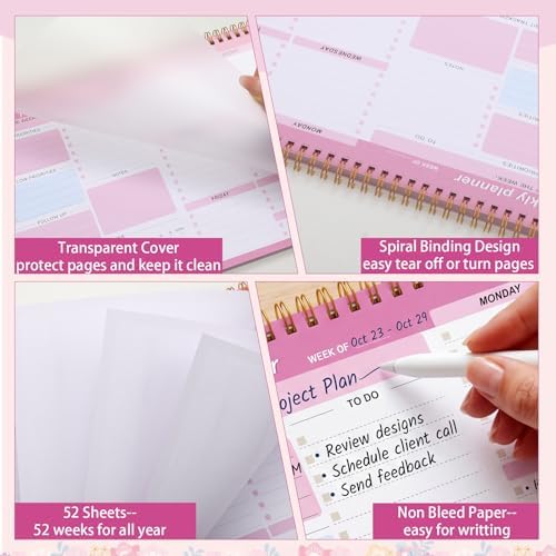 Thboxes Weekly Desk Planner, 52 Sheets, 8.5x11 In To Do List Notepad, Pink