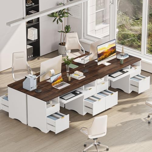 Bestier Computer Desk with Keyboard Tray, 59 inch Office Desk with 4 Drawers, Modern Home Office Desk with File Drawer (Walnut with White, 59" W with Double-Sided Drawers)